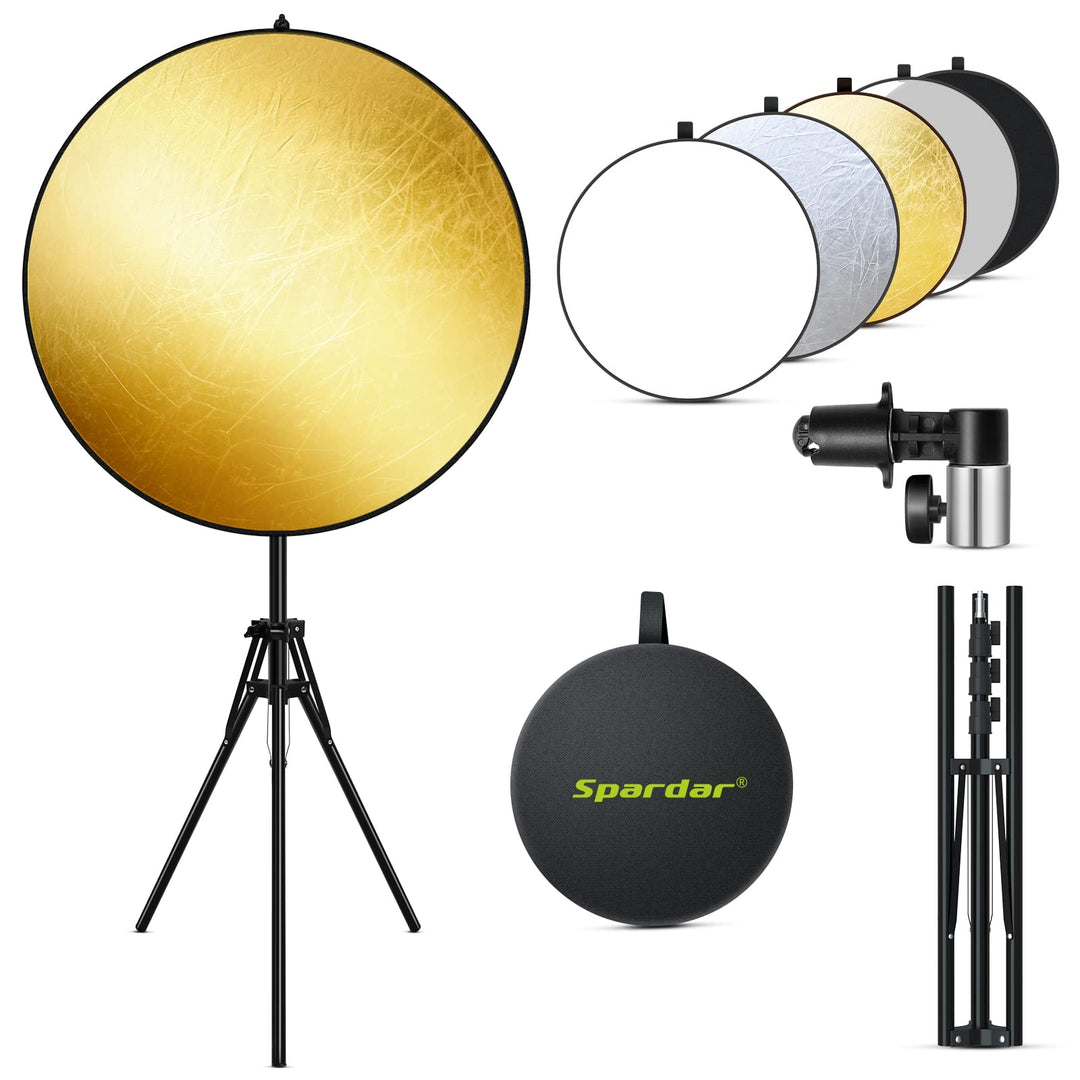 Spardar 110CM 5 in 1 Reflektor Mit Stativ, Runder Faltreflektor (Diffusor und Gold/Silber/Weiss/Schw