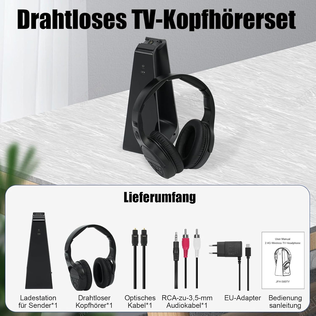Kabellose TV-Kopfhörer mit Ladestation, kabelloser Kopfhörer zum Fernsehen, grosse Lautstärkeregler
