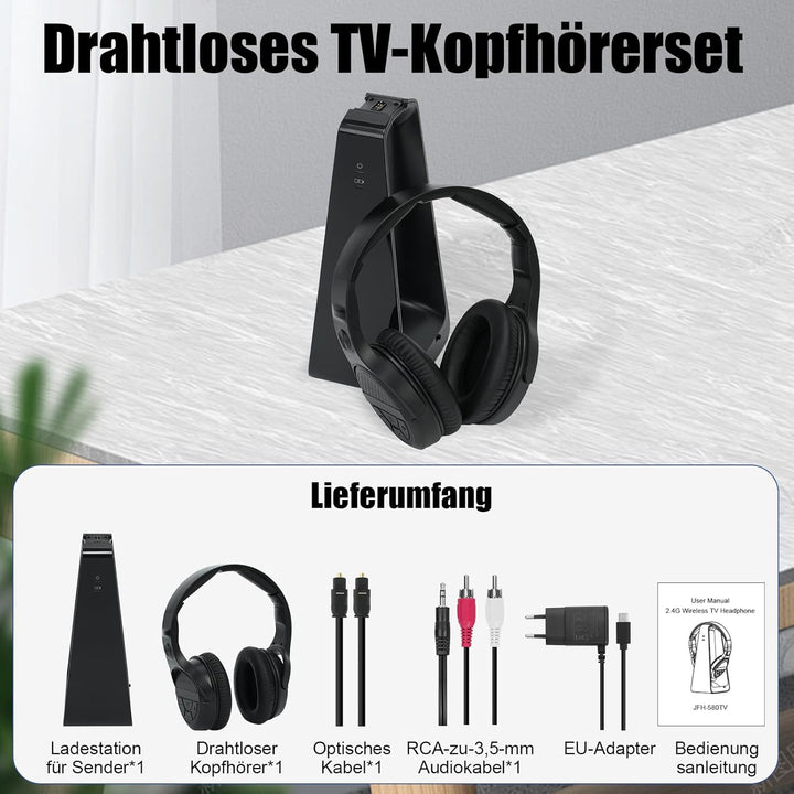 Kabellose TV-Kopfhörer mit Ladestation, kabelloser Kopfhörer zum Fernsehen, grosse Lautstärkeregler