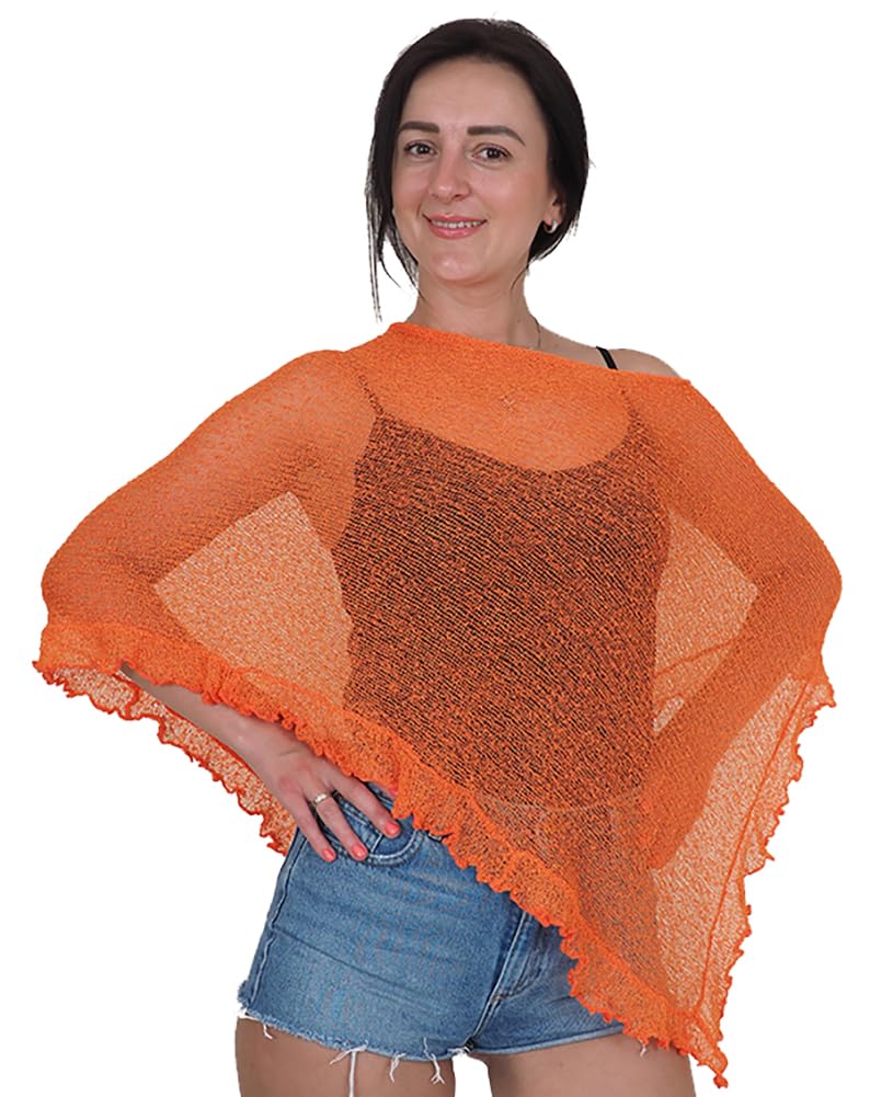 Mimosa Damen Poncho, Stretch, Spitze, Fischnetz, Bali, gehäkelt, Fledermausärmel, Rüschen, klein, Or