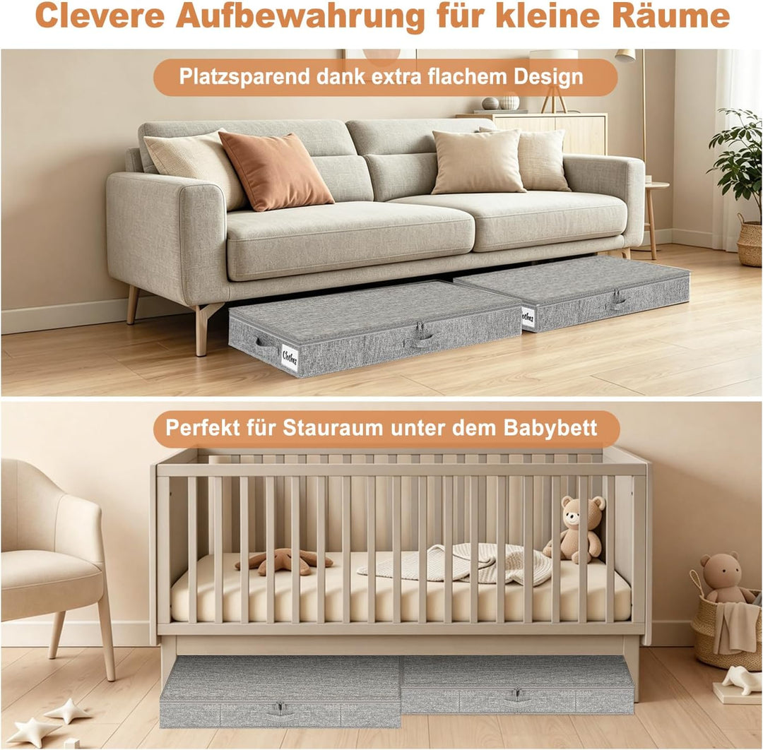 Unterbett Aufbewahrungsbox 12 cm mit Deckel, 2 Stück Faltbare Unterbettkommode Stabil, Platzsparend