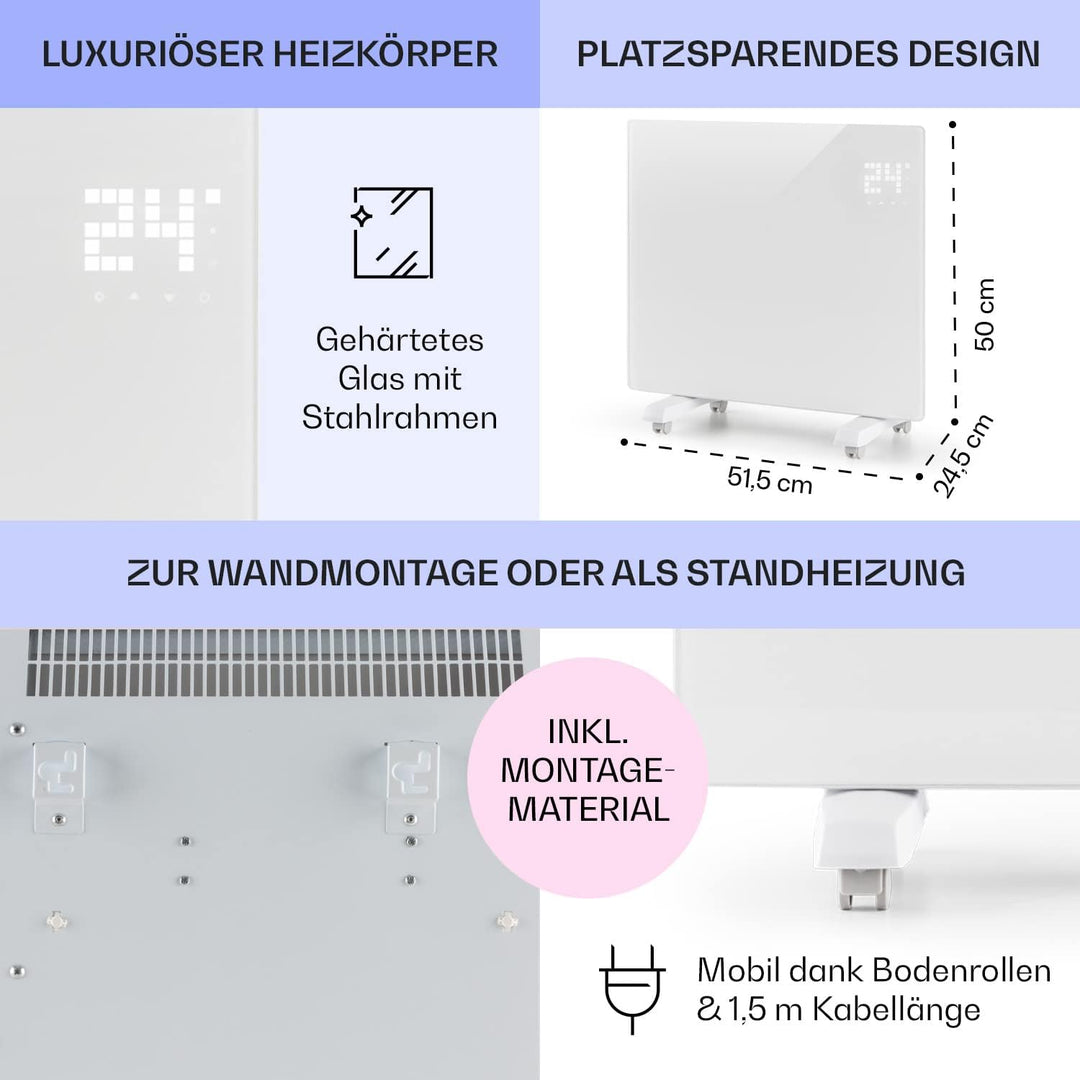 Klarstein Elektroheizung, Konvektor-Heizung mit Bodenrollen, Mobile Elektroheizung Energiesparend, S