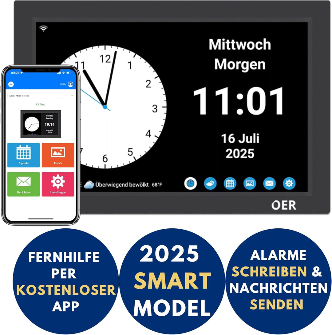 OER Smart Demenzuhr – Verwalten Sie die Agenda über die KOSTENLOSE App – Spricht Uhrzeit und Tagesze