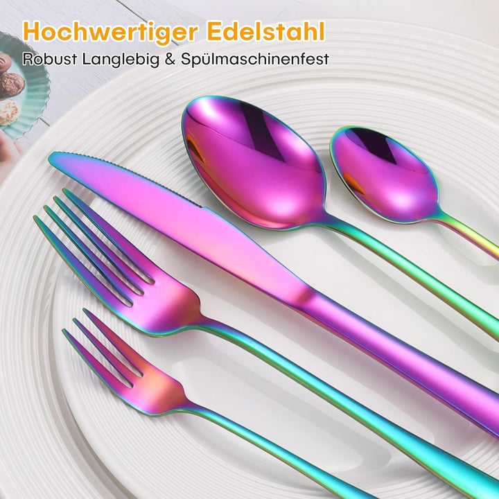 Besteck Set Regenbogen, HONKKU 30 Teilig Besteckset für 6 Personen, Edelstahl Essbesteck Set mit Abe
