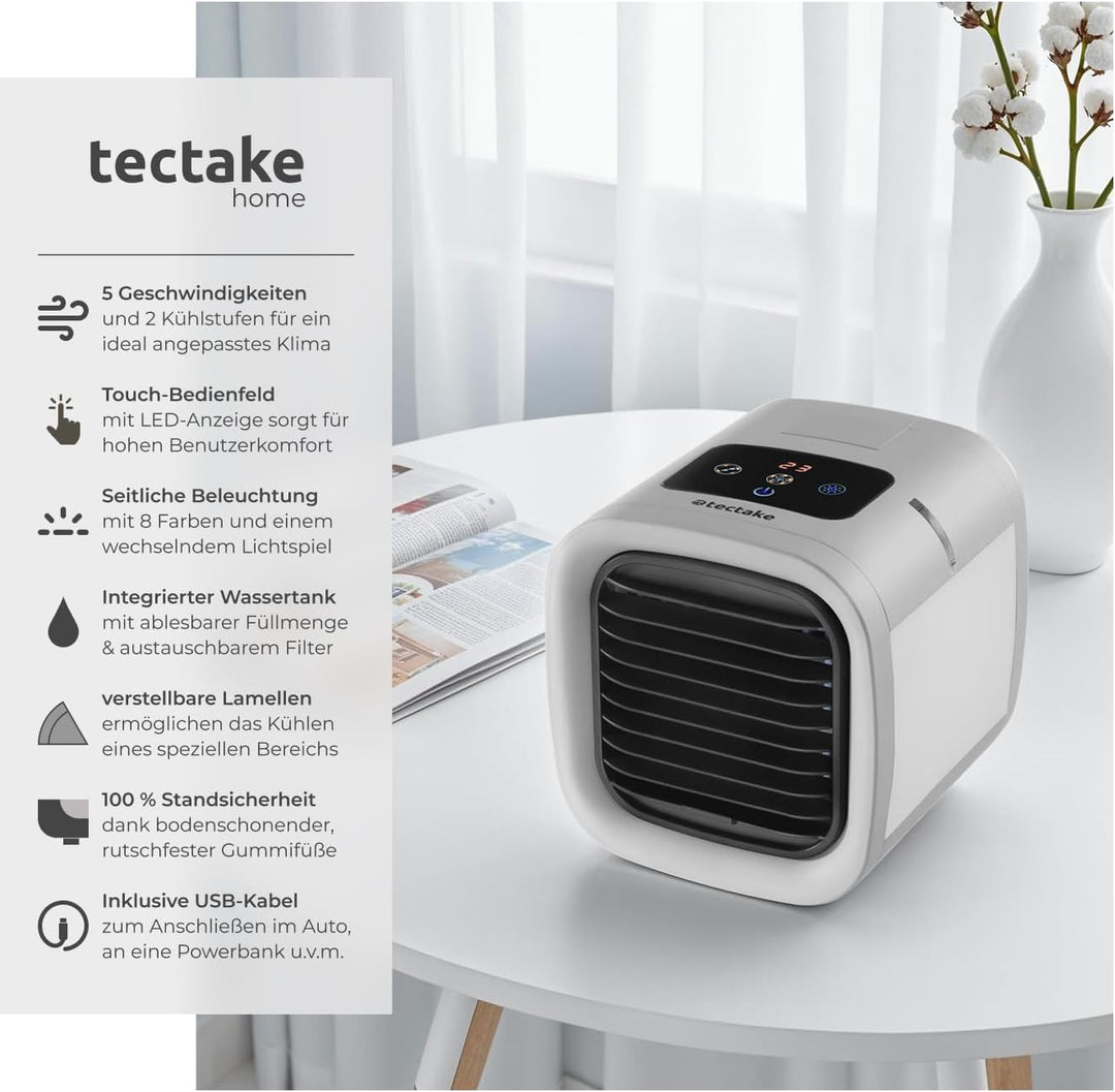 tectake® Luftkühler mit LED, mobile Klimaanlage ohne Abluftschlauch, Ventilator mit Wasserkühlung, K