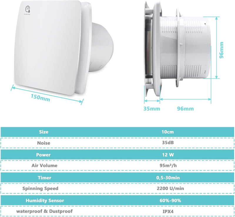 Randaco Badlüfter 100mm mit Feuchtigkeitssensor Abluftventilator einstellbarer Nachlaufzeit, mit Tim