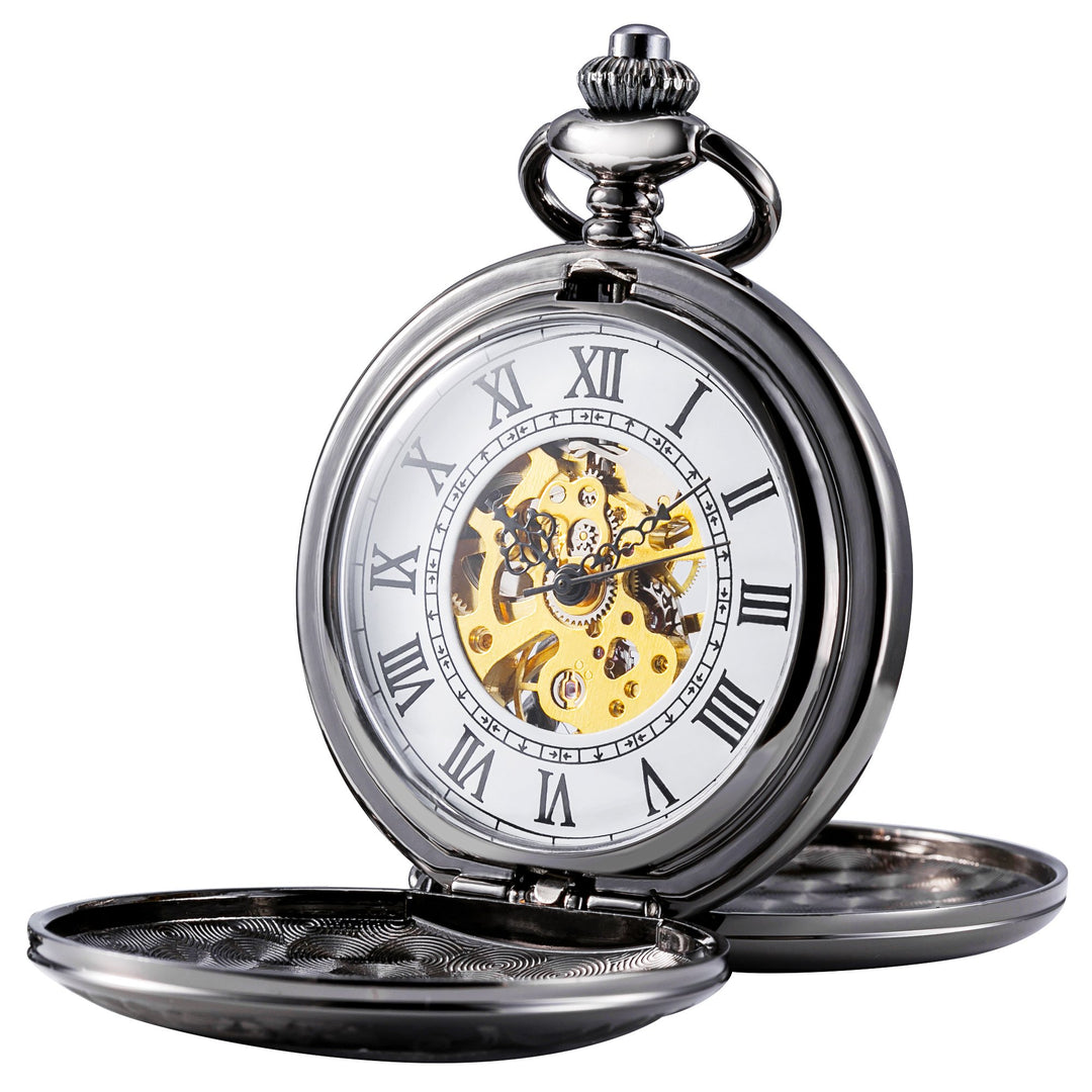 TREEWETO Unisex Taschenuhr mit Kette Analog Handaufzug Doppelscharnier Römische Ziffern Gold/Silber