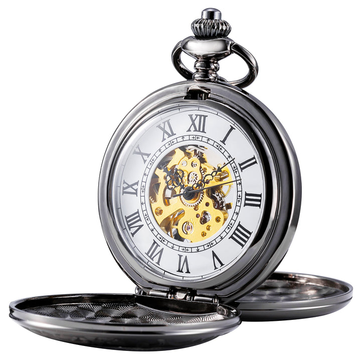 TREEWETO Unisex Taschenuhr mit Kette Analog Handaufzug Doppelscharnier Römische Ziffern Gold/Silber