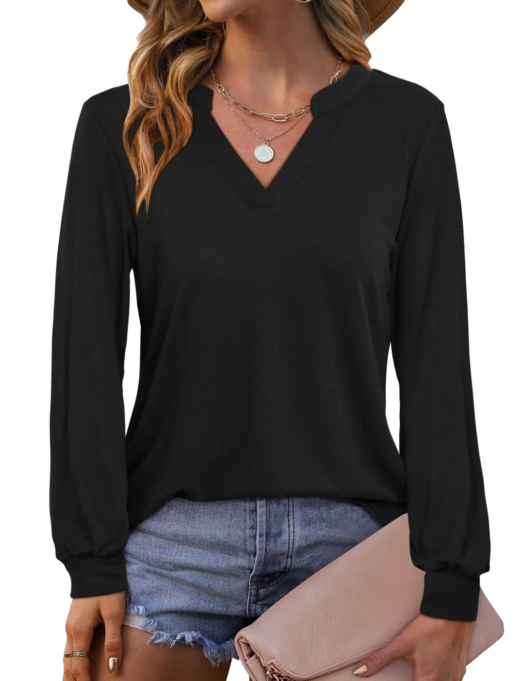 Beluring Langarmshirt Damen Elegant V Ausschnitt Tunika Bluse Einfarbig T-Shirt M Schwarz, M Schwarz