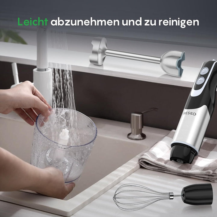 FRESKO 4-in-1 Stabmixer Edelstahl, 1000W Pürierstab mit 12 Geschwindigkeiten und Turbo-Modi, Inklusi