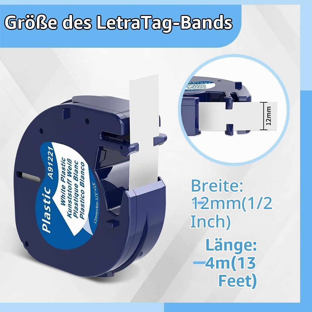 5x Wonfoucs Kompatible für Dymo Etikettenband LetraTag 12mm x 4m Plastik Weiss, für Dymo Letratag XR