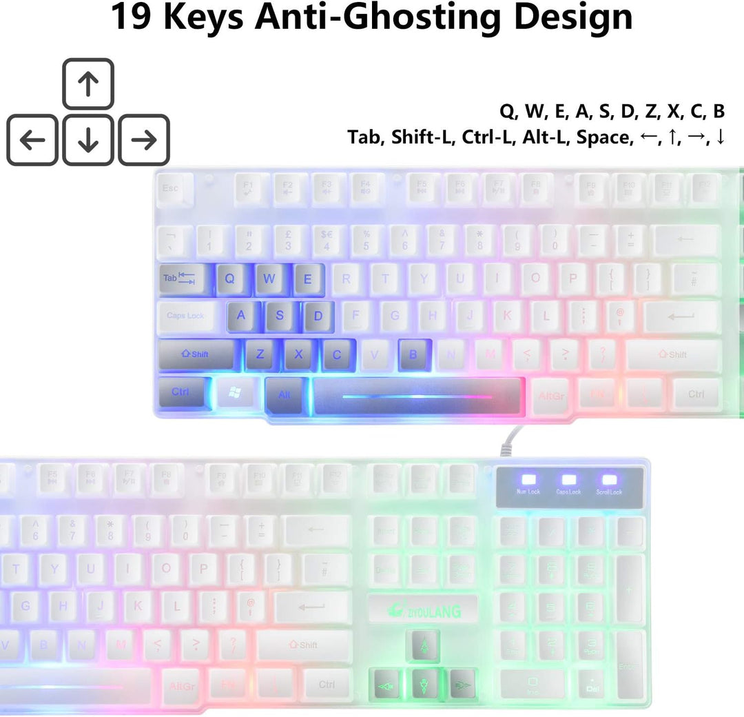 Gaming Tastatur Headset & Maus Set, 104 Tasten Rainbow Backlit UK Layout Tastatur 2400DPI Maus 7.1 S