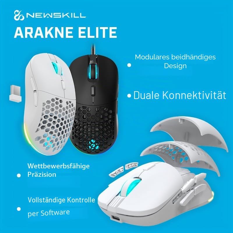 Newskill Arakne Elite Professionelle Gaming-Maus, RGB, 16.000 DPI, beidseitiges Design, seitliche Ta
