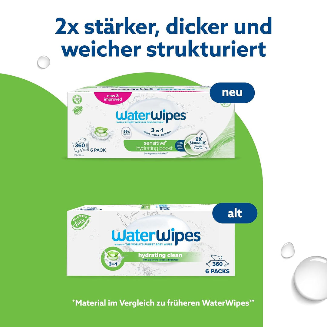 WaterWipes Sensitive+ Hydrating Boost Wipes, Feuchtigkeitsspendende Tücher, 360 Stück (6 Packungen),