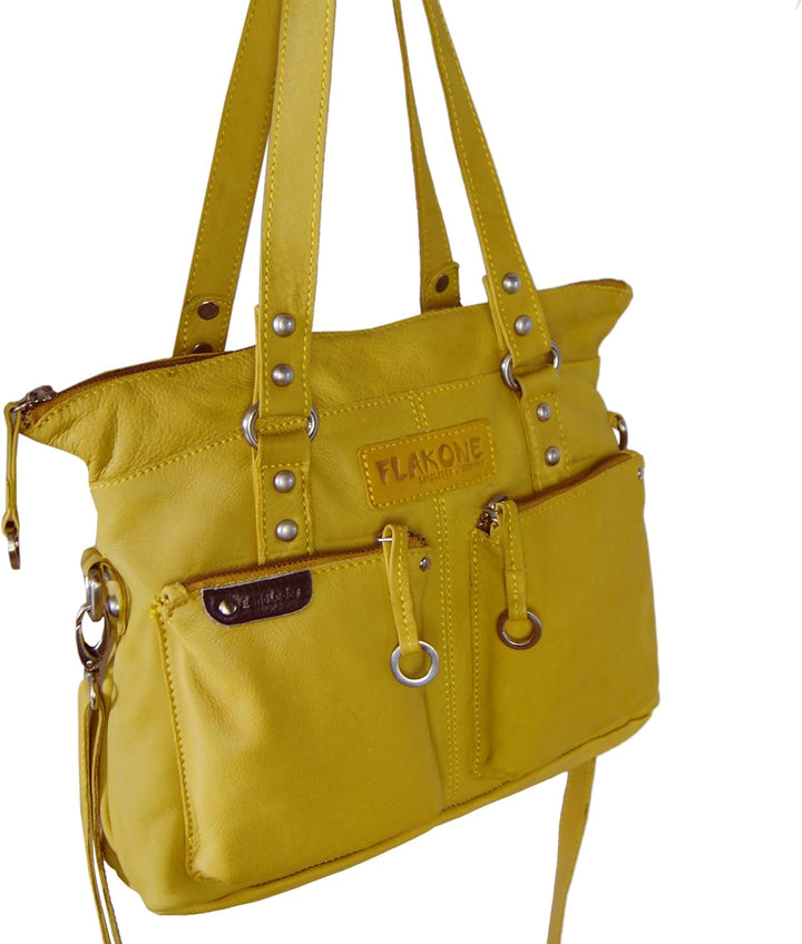 LL Baron of MALTZAHN Damen Schultertaschen FLAKONE Yellow-Corn Shopper-718 aus Leder incl. Lederpfle