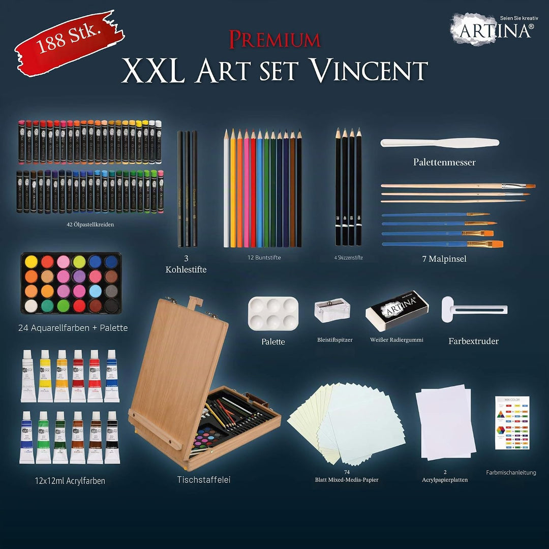 Artina 188tlg Malset Vincent mit Kofferstaffelei - XXL Malkoffer Set mit Acrylfarben, Ölkreide, Aqua
