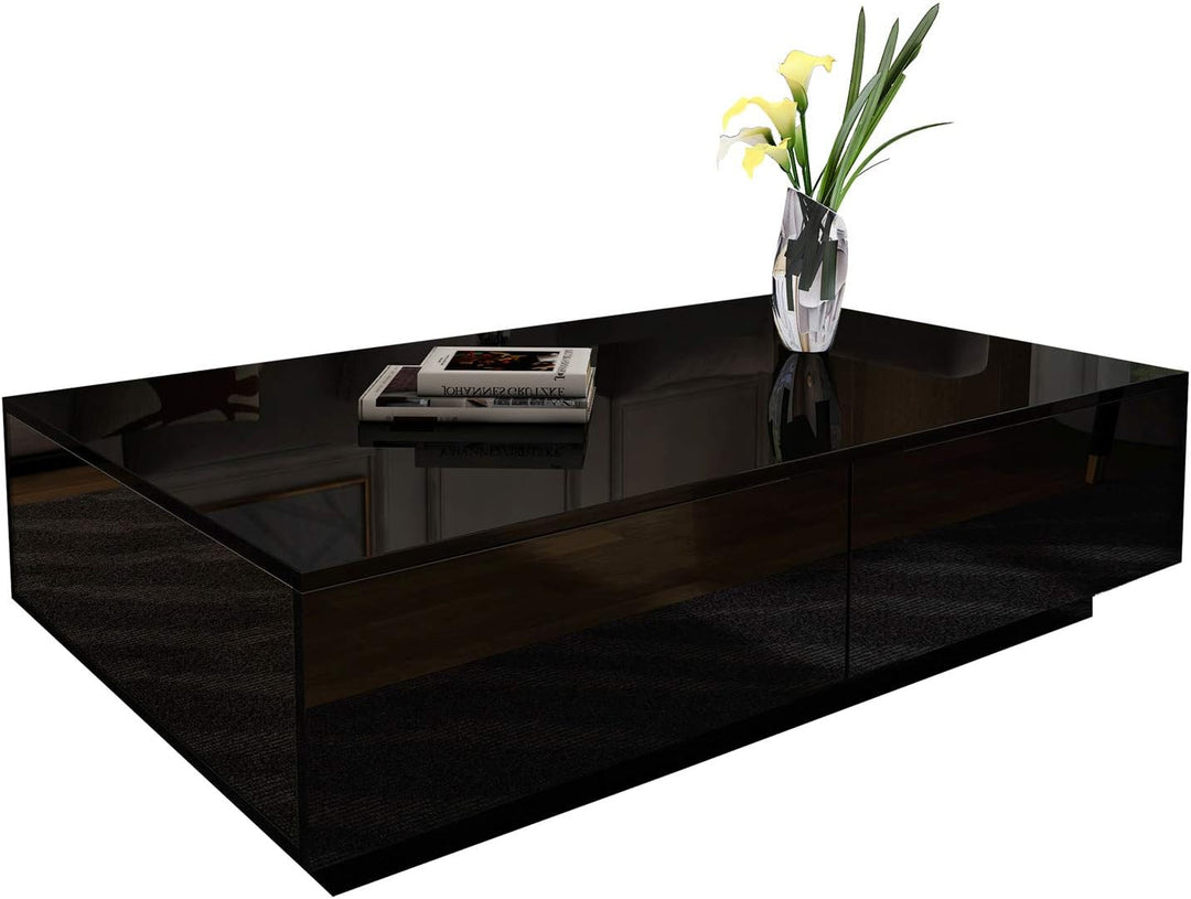 Couchtisch, Couchtisch mit Stauraum, schwarz glänzender Couchtisch für Wohnzimmer, rechteckiger Mitt