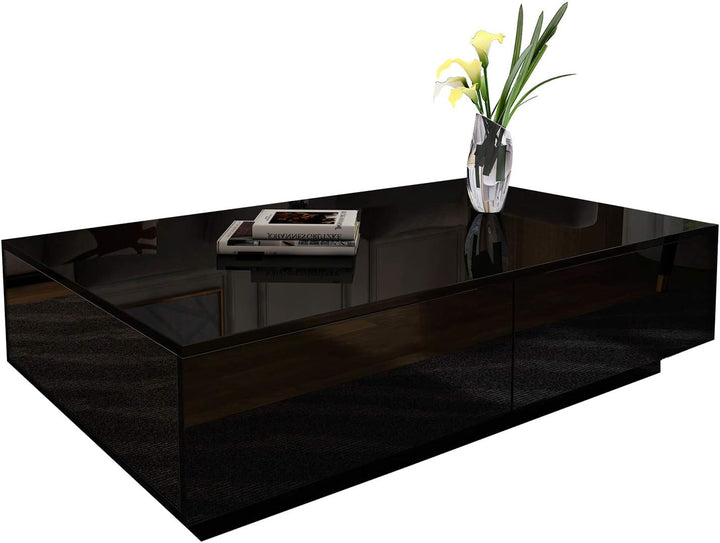 Couchtisch, Couchtisch mit Stauraum, schwarz glänzender Couchtisch für Wohnzimmer, rechteckiger Mitt