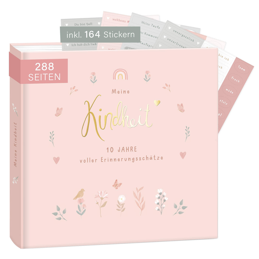 mintkind® "Meine Kindheit" Erinnerungsalbum Rosa Blumen Design + Sticker Set I deine ersten 10 Jahre