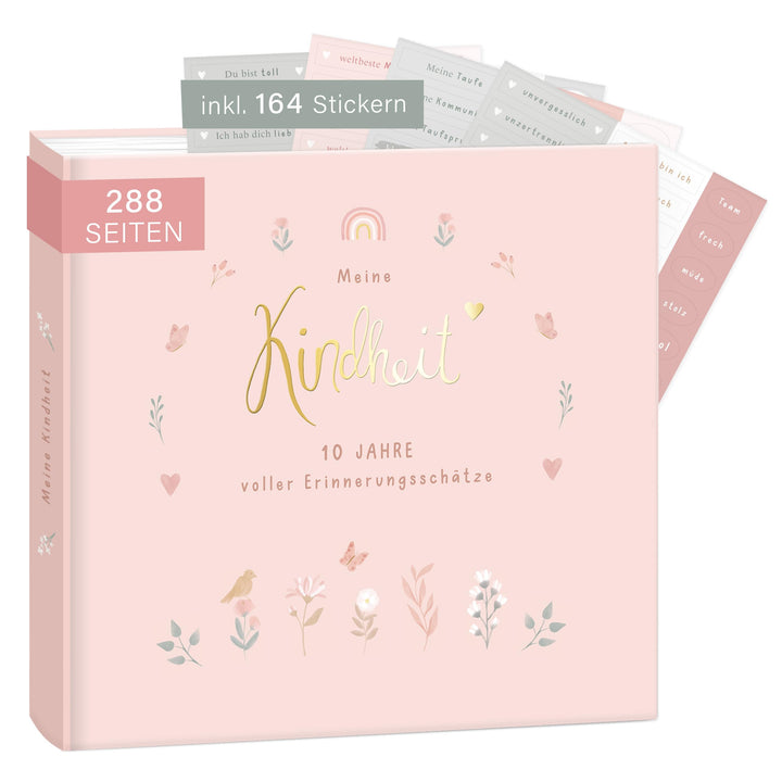 mintkind® "Meine Kindheit" Erinnerungsalbum Rosa Blumen Design + Sticker Set I deine ersten 10 Jahre