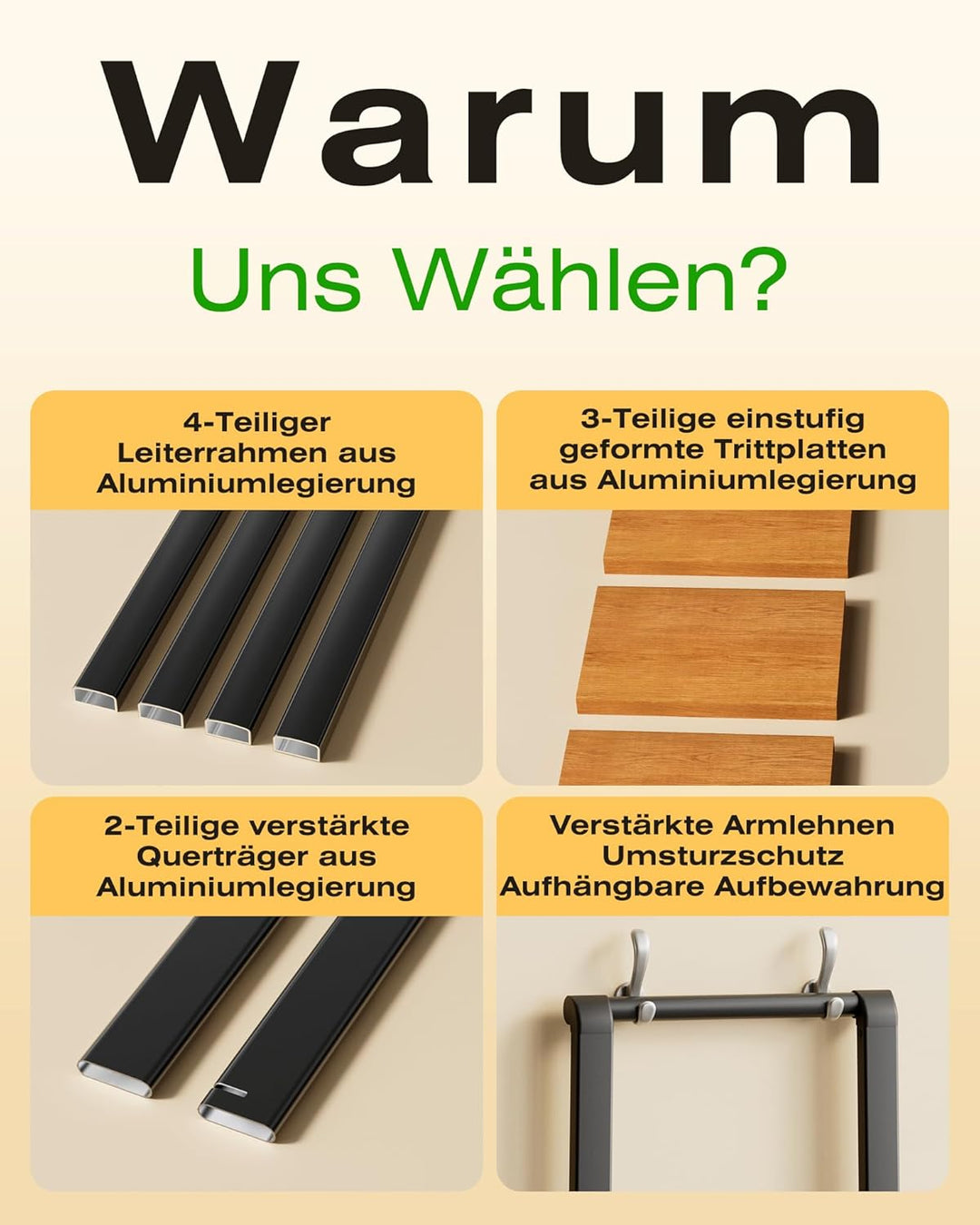 Trittleiter 3 Stufen klappbar,Tritthocker aus Aluminium | Leiter mit Handlauf,150kg Tragfähigkeit,An