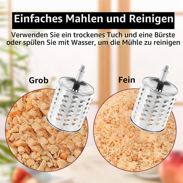 Manuelle Nussmühle mit 2 abnehmbaren Trommelblättern, Manuelle Erdnussmühle mit Kurbel aus Edelstahl