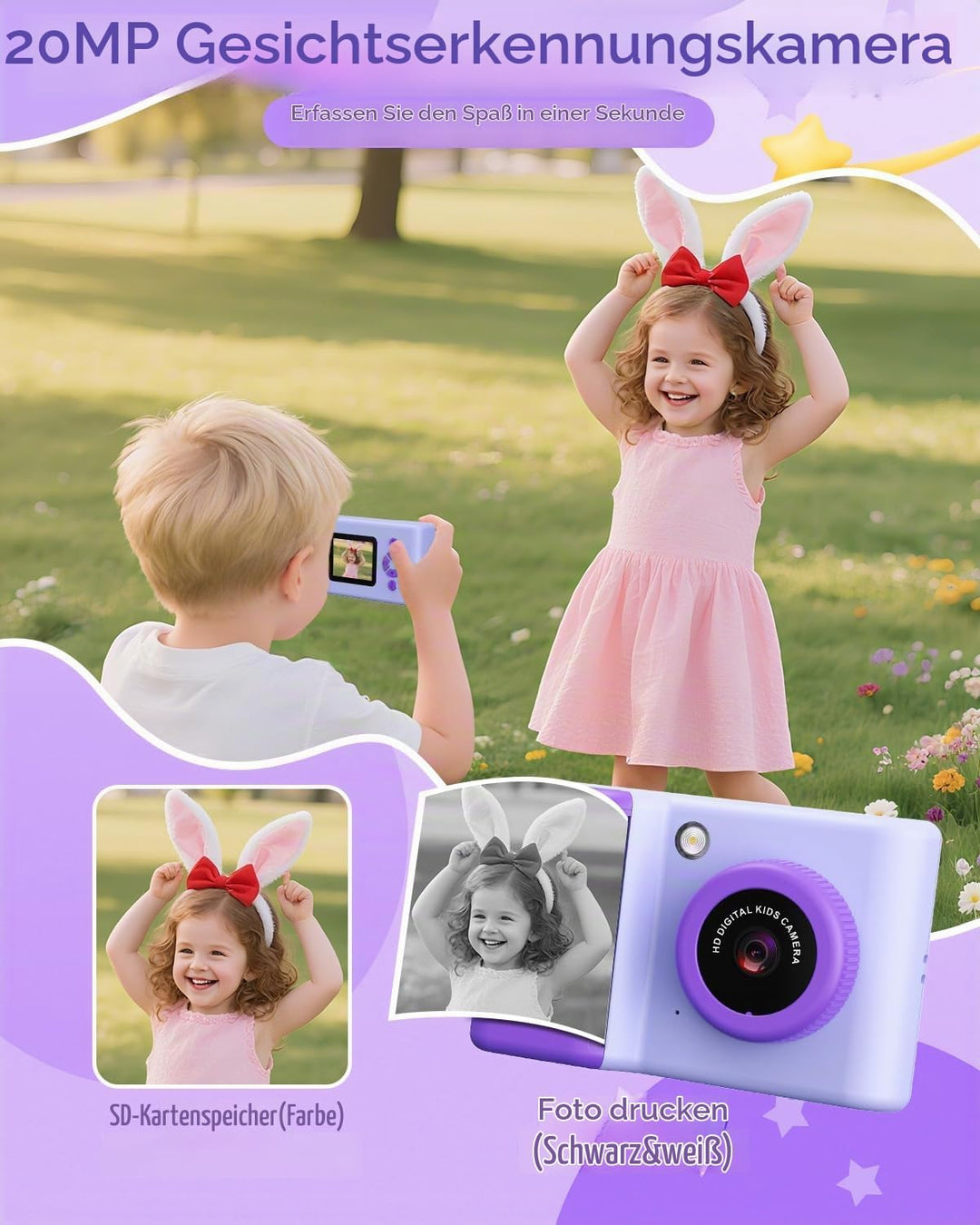 Sofortbildkamera Kinder, 2,4 Zoll Kinderkamera Sofortbildkamera mit LED-Blitz 32GB-Karte Druckpapier