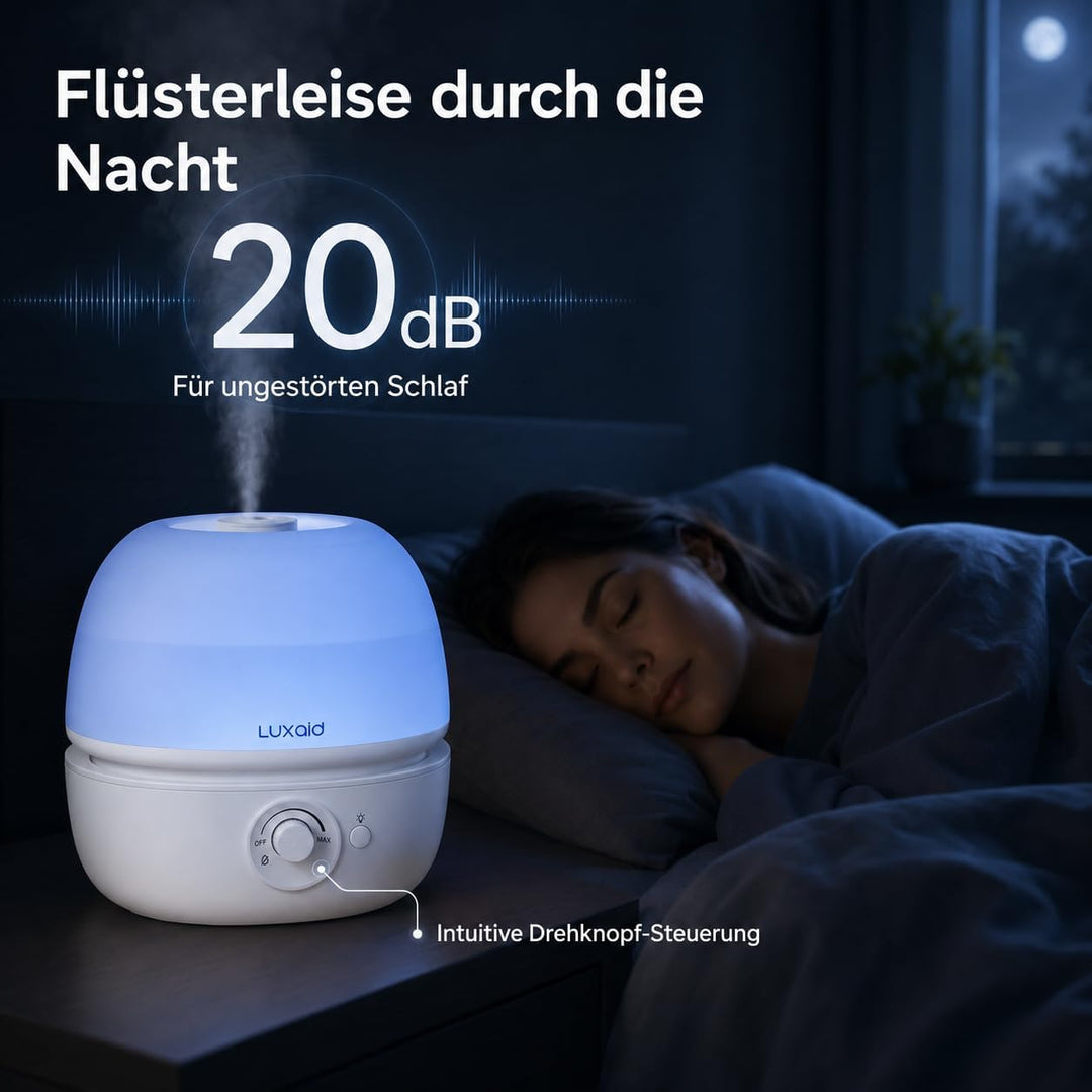 3L Luxaid Luftbefeuchter Schlafzimmer, ultraleiser 20dB, Top-Fill Luftbefeuchter für grosse Räume, B