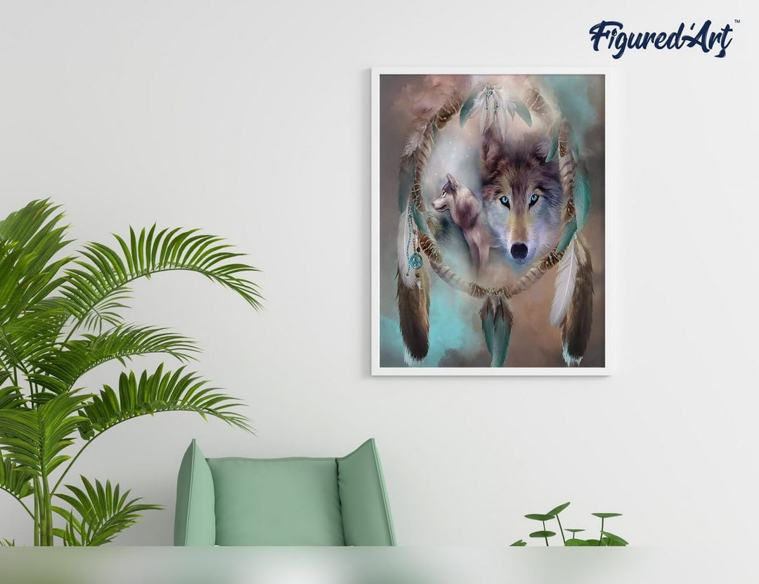 Figured'Art Malen Nach Zahlen Erwachsene Mit Rahmen Wölfe und Federn - Paint by Numbers Basteln DIY