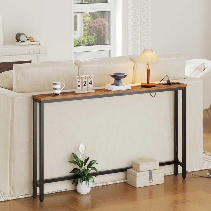 HOOBRO Schmaler Konsolentisch, 140 cm Langer Beistelltisch, Sofatisch mit Ladestation, Eingangstisch