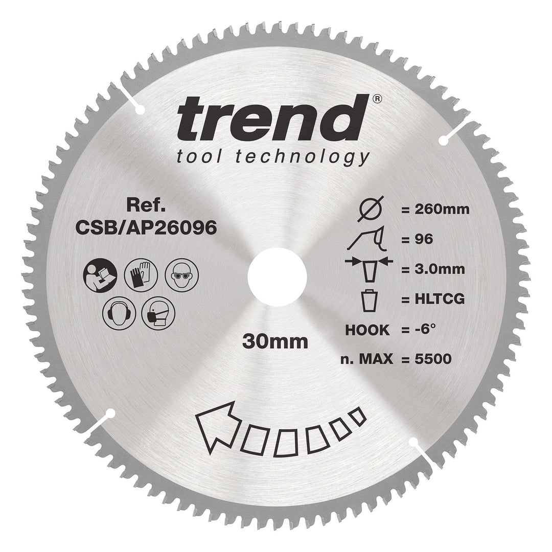 Trend CraftPro Arbeitsplatte Aluminium und Kunststoff TCT Kreissägeblatt, 260mm Durchmesser x 96 Zäh