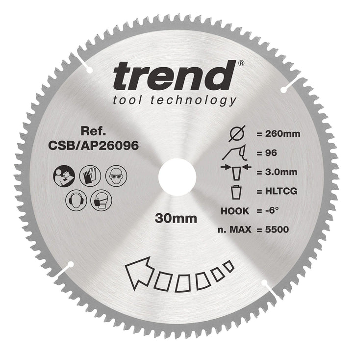 Trend CraftPro Arbeitsplatte Aluminium und Kunststoff TCT Kreissägeblatt, 260mm Durchmesser x 96 Zäh