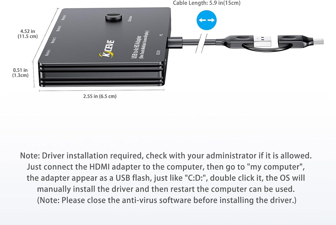 KCEVE USB zu 4 HDMI Adapter, Multi-Monitor-Anzeige 5 Separate Bildschirme, Unterstützung des Mirror/