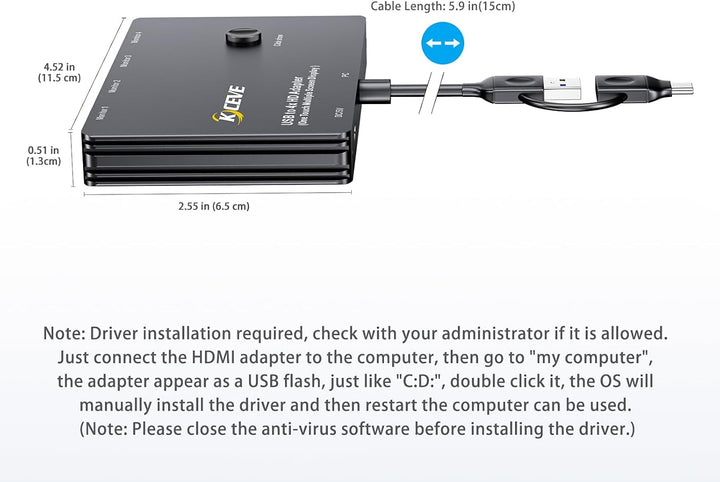 KCEVE USB zu 4 HDMI Adapter, Multi-Monitor-Anzeige 5 Separate Bildschirme, Unterstützung des Mirror/