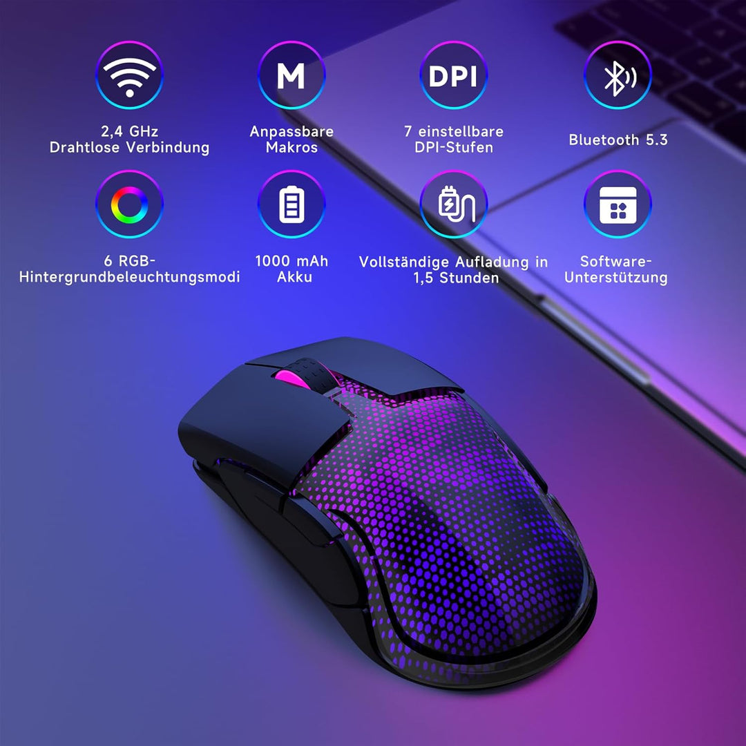 Gaming Maus Kabellos, 12K DPI, 2,4g/USB-C/Bluetooth 5.3 Gaming Mouse, GrossE RGB-Hintergrundbeleucht