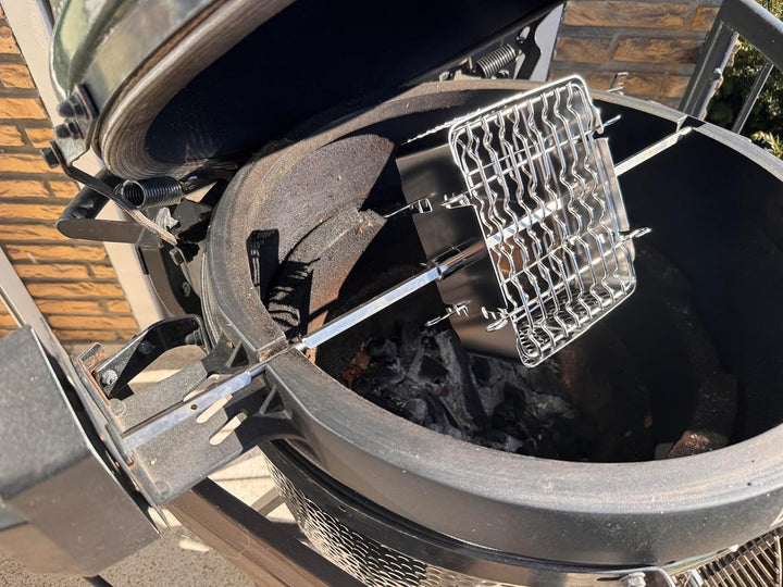 Edelstahl Drehspiesskorb – Verstellbarer Rotisserie Grillkorb für Gas-, Holzkohle- & Kugelgrills – S