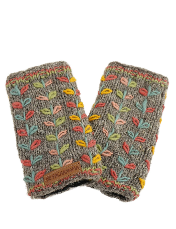 Damen Handwärmer Wolle Fleece Gefüttert Handgestrickt Blume bestickt Grau Einheitsgrösse Handmade Ex