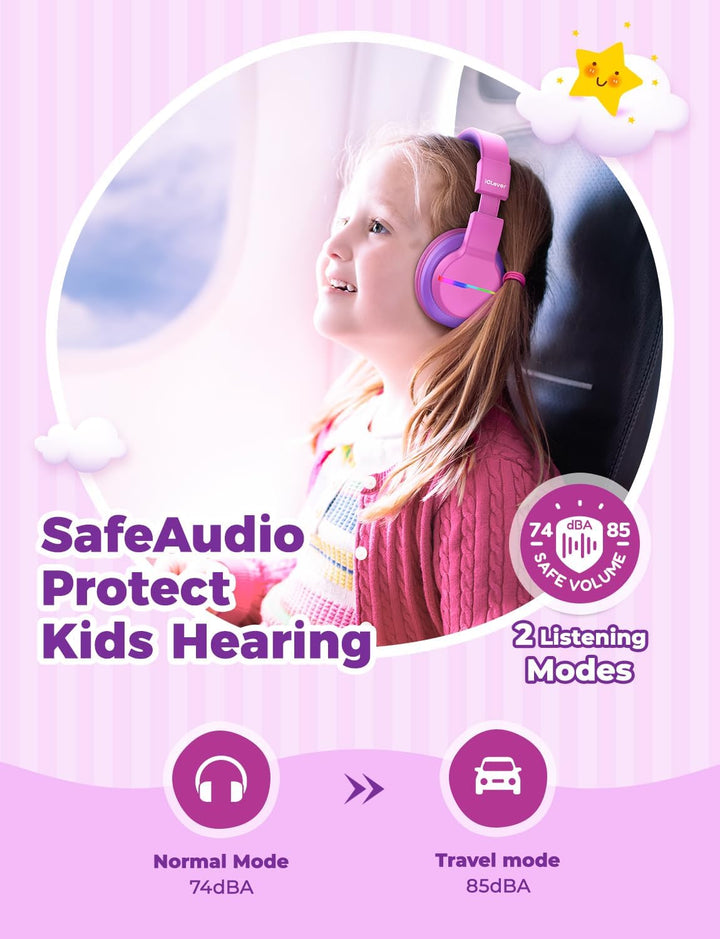 iClever Bluetooth Kinder Kopfhörer, Farbige LED-Leuchten, Kinderkopfhörer Over-Ear mit 74/85/94dB La