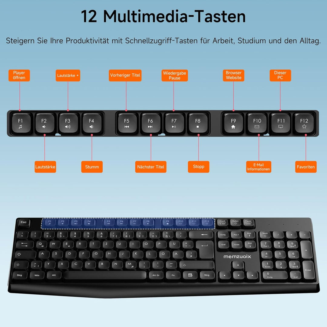 QWERTZ Kabelloses Tastatur Maus Set, Full Size 105-Tasten Tastatur mit Nummernblock, 2.4GHz Funk mit