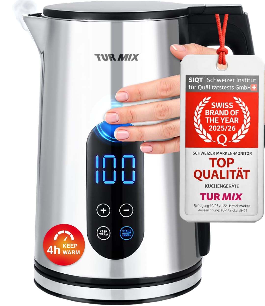 Turmix Wasserkocher mit Temperatureinstellung – 1,7L Digitaler Wasserkocher edelstahl mit LED-Anzeig