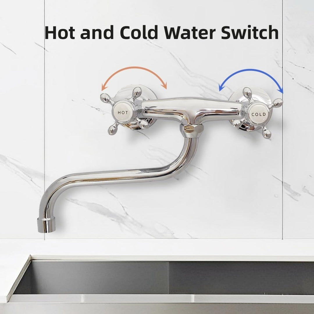 Mischbatterie Küche Wandmontage Chrom, 360°Drehbar Doppelgriff Wasserhahn Küche Messing, Wand Spülti