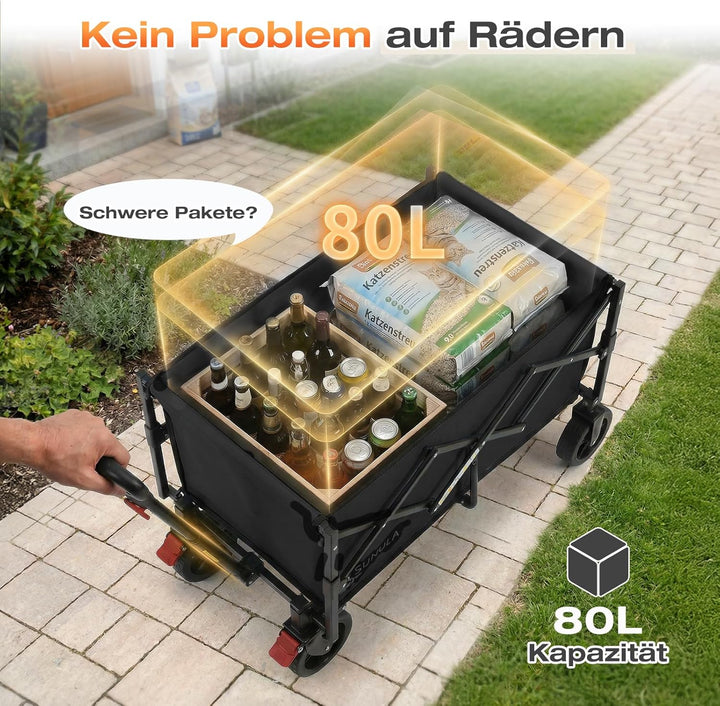SUNULA Bollerwagen Faltbar Klein 80L 100KG, Faltbarer Bollerwagen Klappbarer Handwagen mit Halbierte