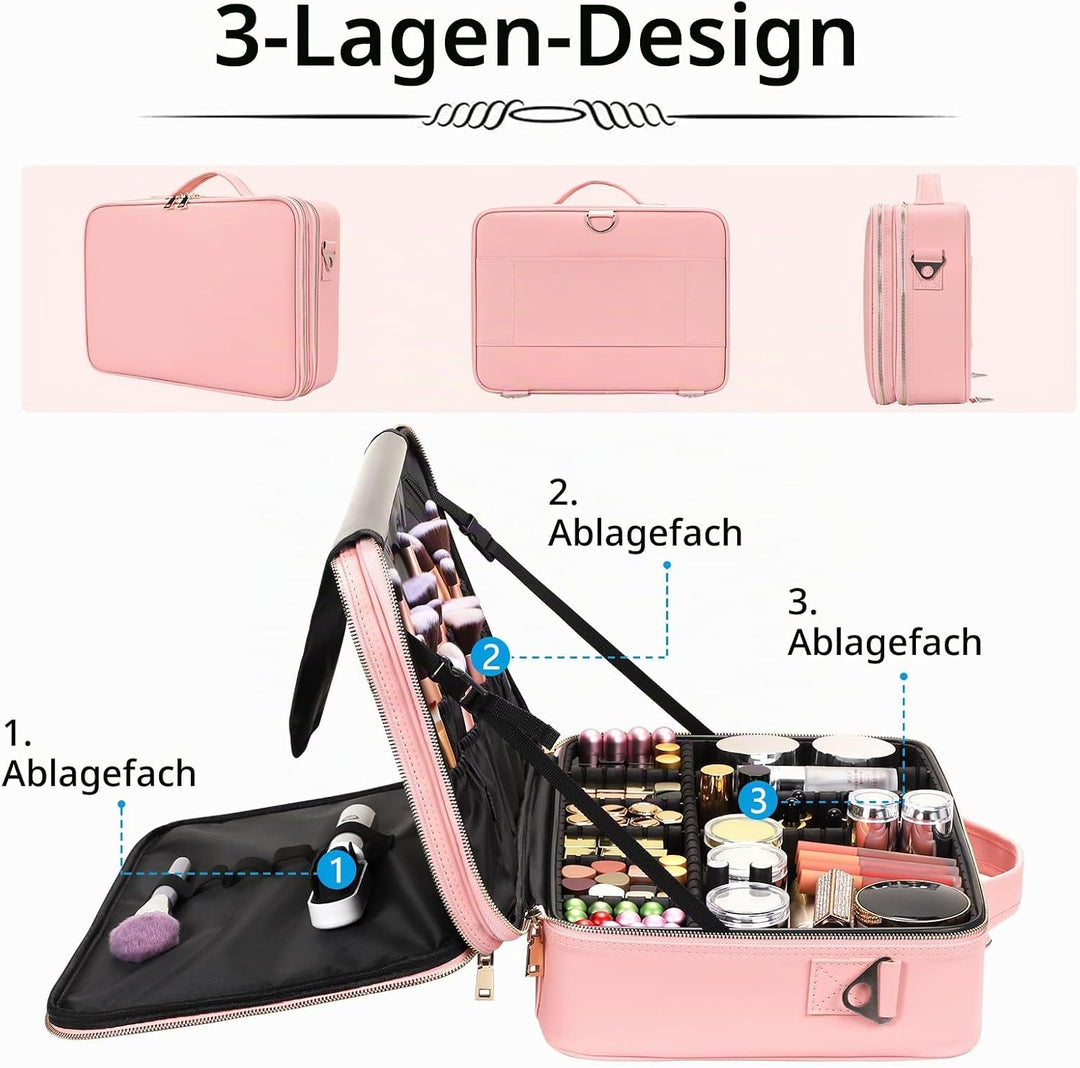 Kosmetiktasche, 3 Lagen Grosse Kapazität Professionelle PU Leder Make Up Organizer Tasche wasserdich