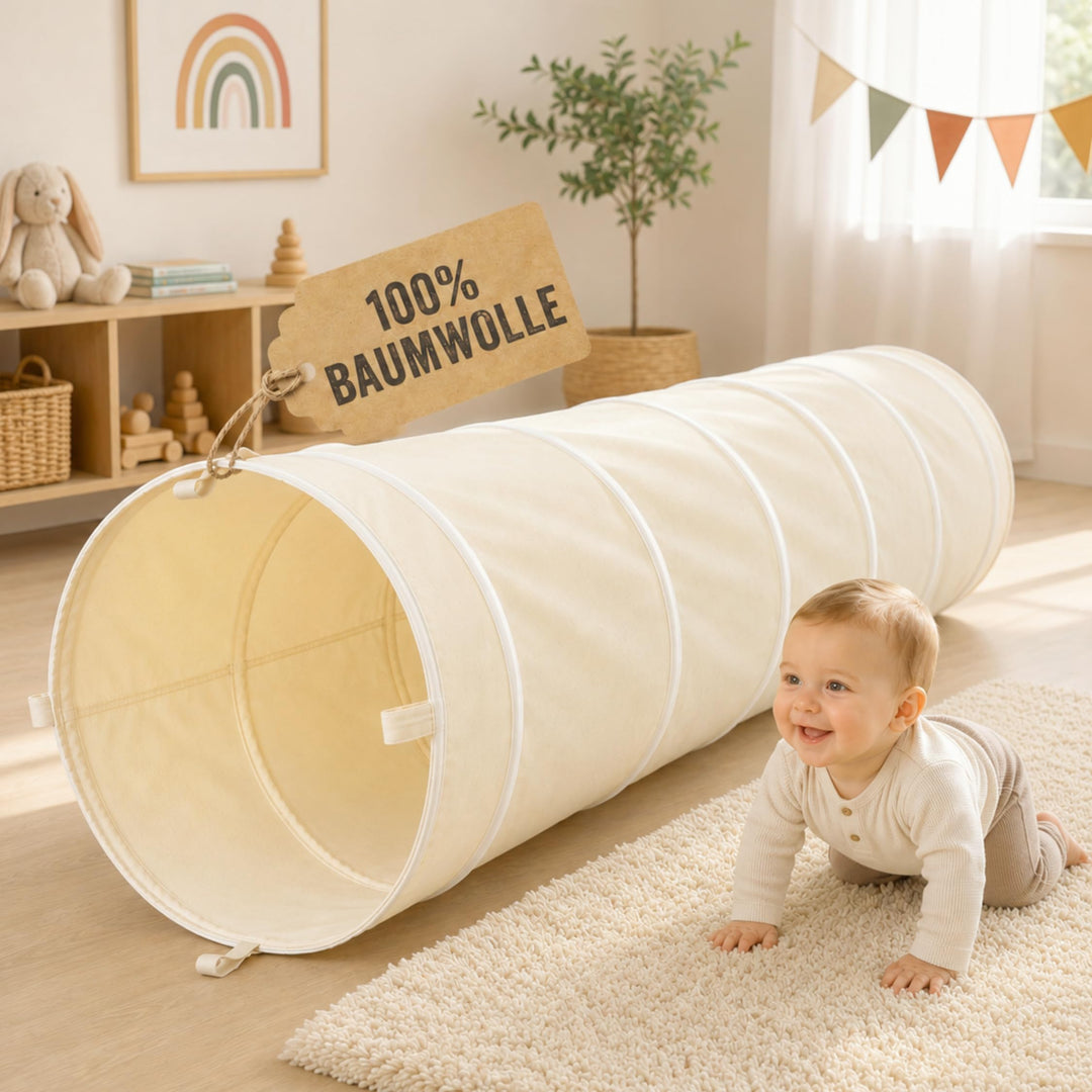 LIONHERZ® Spieltunnel für Kinder aus 100% Baumwolle mit Klettverschlüssen | Krabbeltunnel für Baby [
