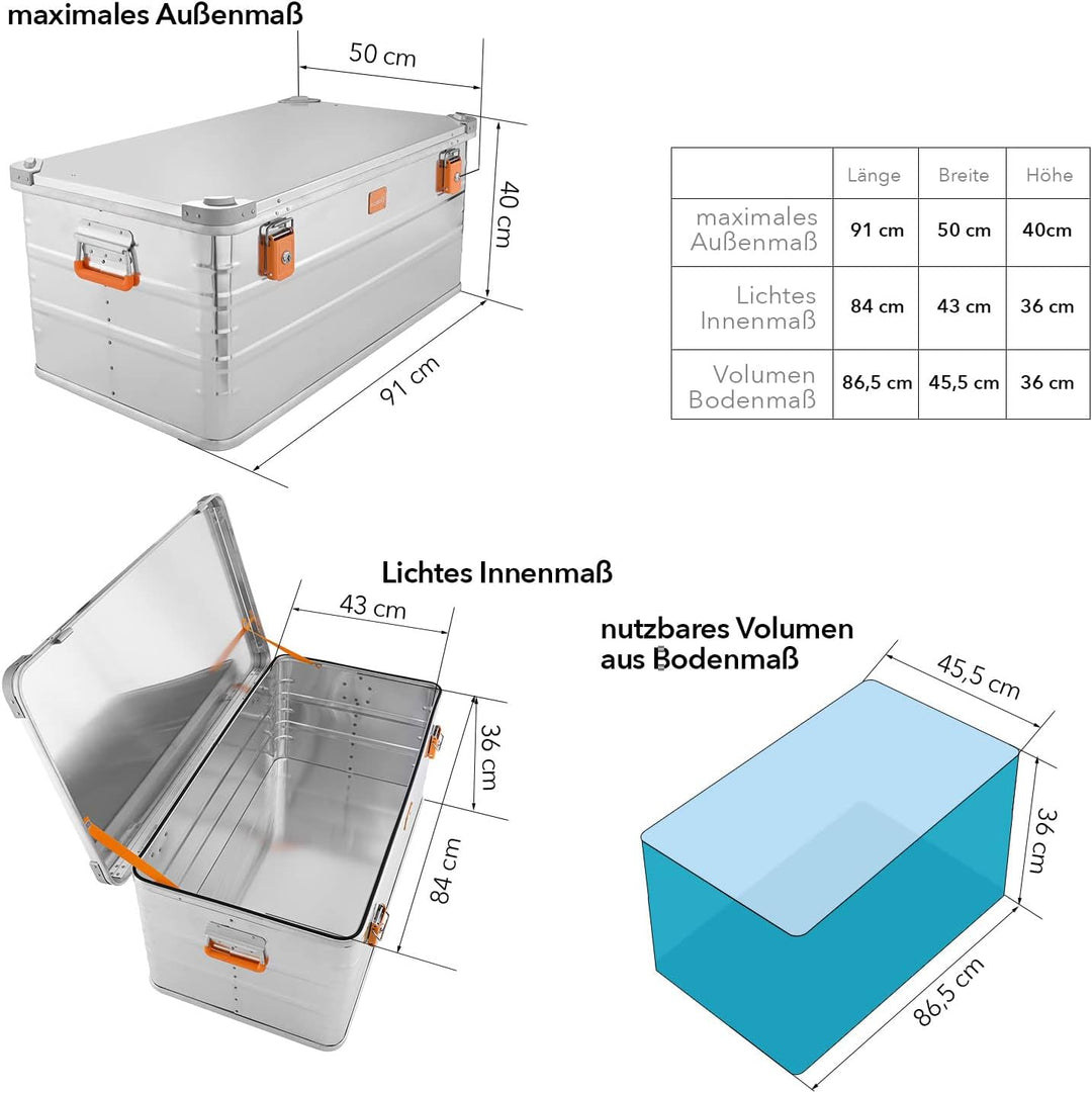 Alubox Alukiste abschliessbar E141 - Premium Aluminium Lagerbox 141 Liter - Deckel mit Aluminium Dru