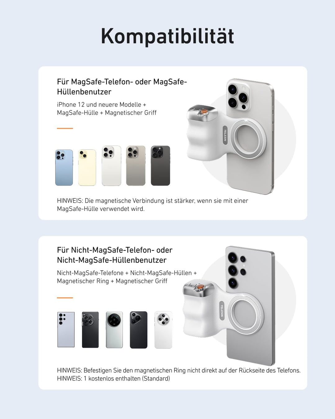 TELESIN Fun Shot Smartphone Handle Grip, Magnetic Smartphone Grip mit Abnehmbarer Bluetooth-Fernbedi