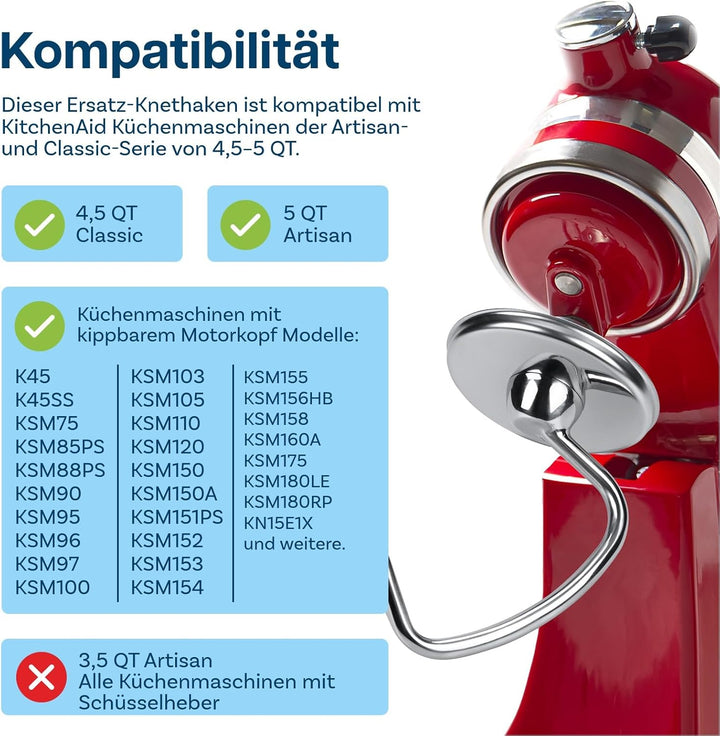 Edelstahl Knethaken K45DH für KitchenAid 4.5-5 Quart Kippkopf-Standmixer Artisan & Classic Serie von