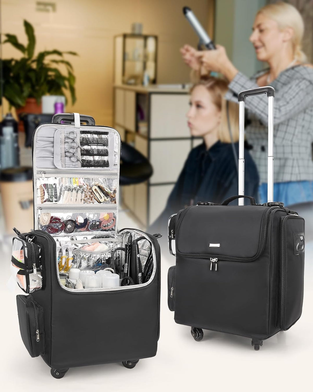 Relavel Roll-Make-up-Koffer – Hairstyling-Reisetasche mit 4 Rädern, Hitzeisolierter Schicht, Verstel
