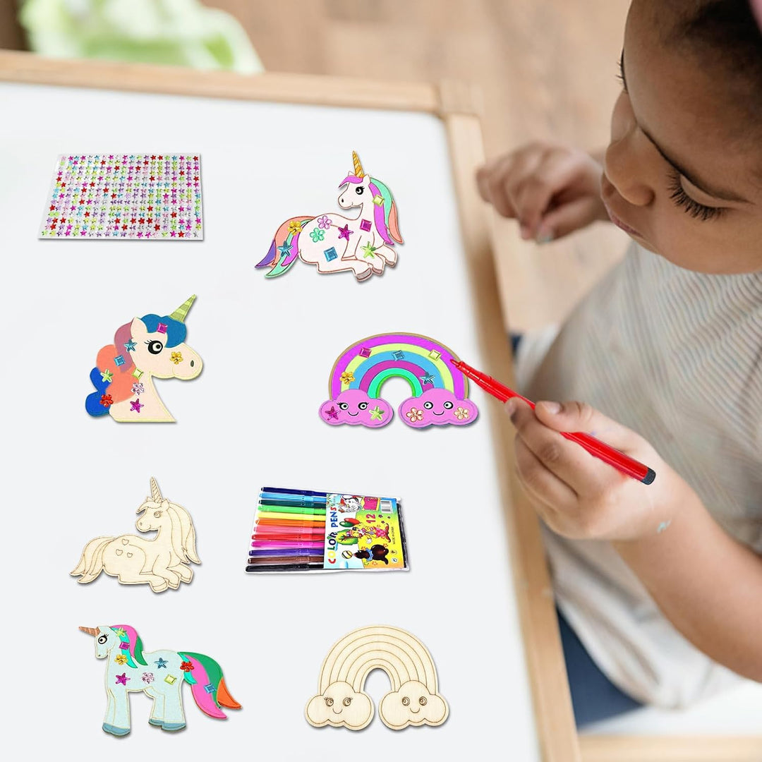 Einhorn Holz Bastelset 40 Stück Einhorn Holz Kindergeburtstag mit 12 Aquarellstiften + 3 Glitzeraufk