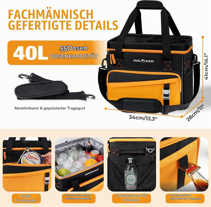 INSMEER Grosse Kühltasche für 40L/55 Dosen, Faltbar, mit Hart Deckel Orange, Orange